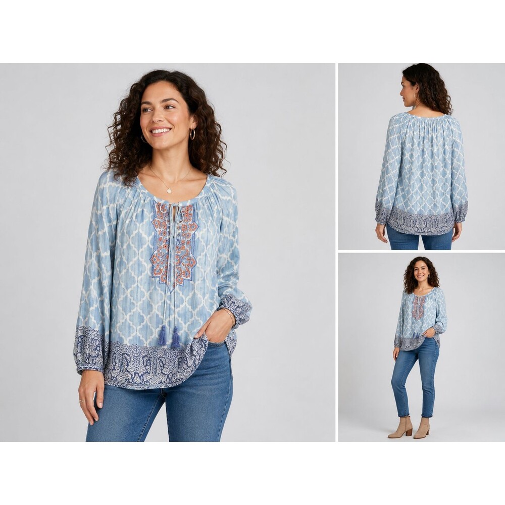 Sundance Women's XL Embroidered Boho Peasant Blouse Cotton Tassel Tie Long